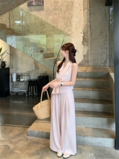 不规则褶皱挂脖吊带背心垂感阔腿休闲长裤女2026夏季新款时尚套装