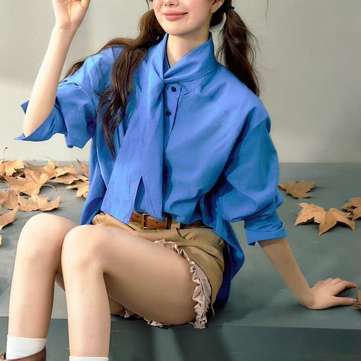 蓝色长袖系带衬衫女款春夏新款法式小香风设计感亚麻宽松衬衣