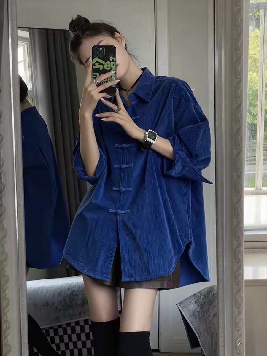 克莱因蓝衬衫绝美新中式国风灯芯绒上衣白衬衫长袖衬衫法式艺术系