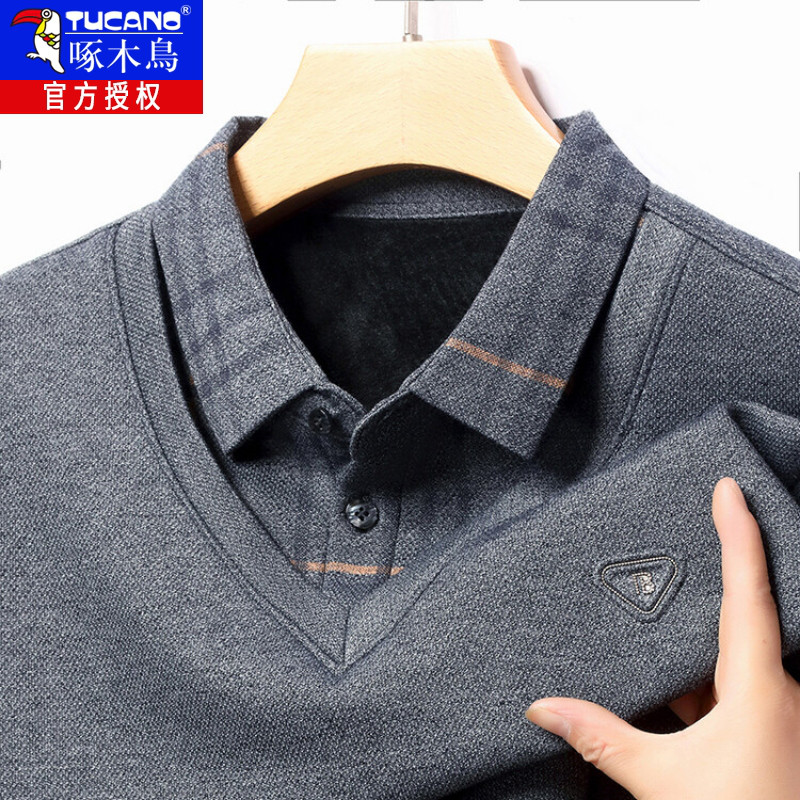 爸爸毛衣加绒加厚保暖衣冬季衬衫领中老年打底衫一体绒中年假两件