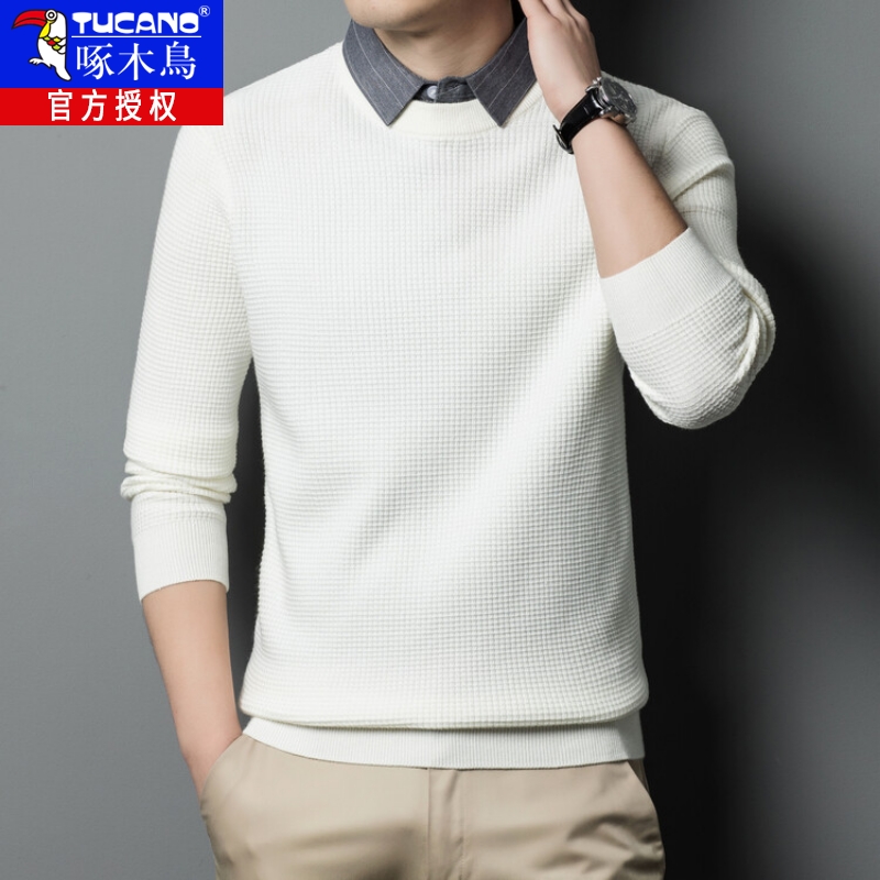 男装假两件毛衣男衬衫领韩版潮流秋季薄款休闲宽松针织打底衫