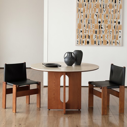 法式复古餐桌椅圆形实木洞石岩板桌子中古风设计师客厅小户型饭桌