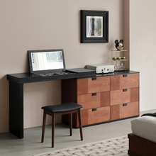 中古风实木梳妆台斗柜一体桌复古黑胡桃床尾收纳柜转角伸缩化妆桌