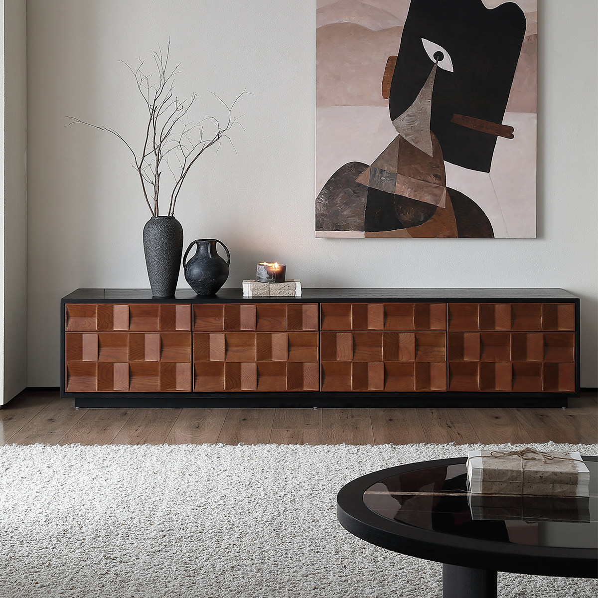 中古风实木电视柜黑色法式复古2025新款落地客厅家用设计师款地柜