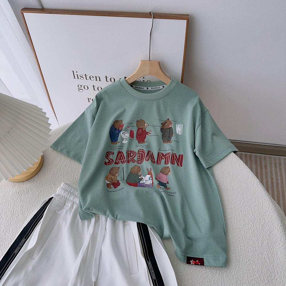 嗨大E小e圆领卡通短袖小熊早上好