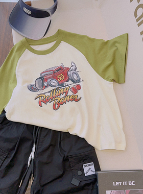 牛哆哆23夏款男女儿童汽车印花插肩袖T恤纯棉短袖宽松版上衣52321