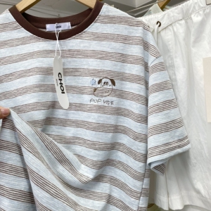 韩代款东大门女装夏季新款撞色细条圆领短袖麻感棉学院风星星小狗