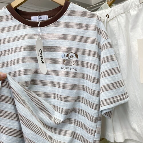 韩代款东大门女装夏季新款撞色细条圆领短袖麻感棉学院风星星小狗