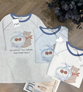 韩代款 新甜美樱桃熊减龄显瘦宽松插肩袖 棉质短袖 T女 F家东大门夏季