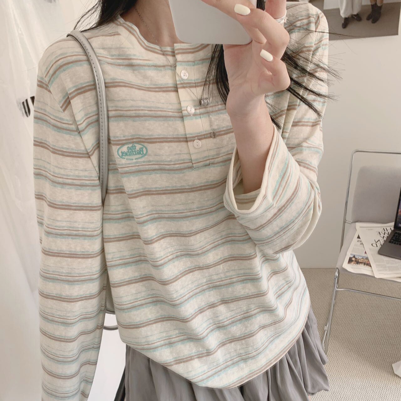 韩代款东大门春季薄款八@乃圆领条纹清新色系长袖打底衫T恤上衣女