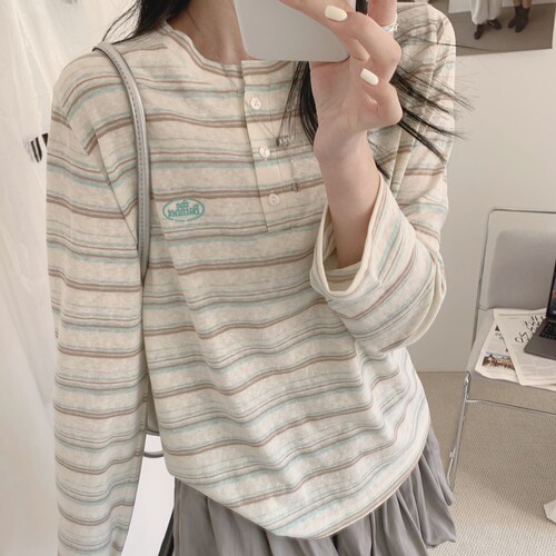 韩代款东大门春季薄款八@乃圆领条纹清新色系长袖打底衫T恤上衣女