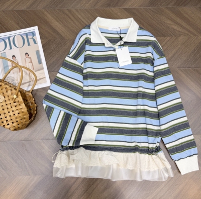 实拍图！韩代款东大门春花边Polo领长袖T恤女上衣条纹拼接仙女版