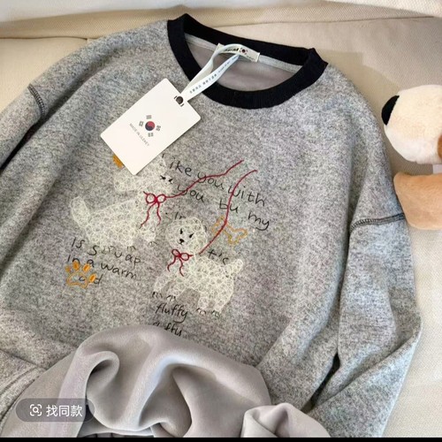 韩代款高货正版加绒加厚磨毛冬季刺绣卡通过臀大版宽松圆领T恤女