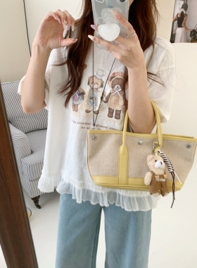 韩代款eru@夏季新款宽松麻棉蕾丝花边兔熊卡通减龄短袖T恤上衣女