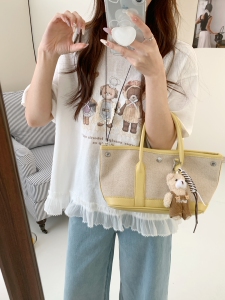韩代款eru@夏季新款宽松麻棉蕾丝花边兔熊卡通减龄短袖T恤上衣女