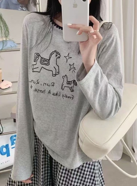 韩代款东大门春季纯棉薄款编织圆领刺绣星星小马时尚气质长袖T恤