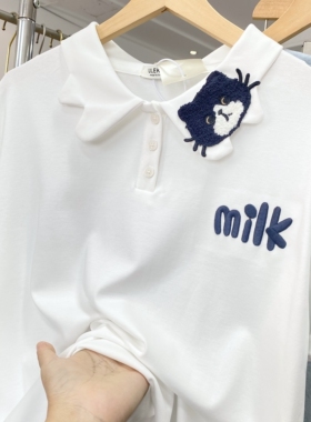 独特漂亮翻领设计感~夏季2026新款韩国单时尚牛奶猫宽松显瘦t恤女
