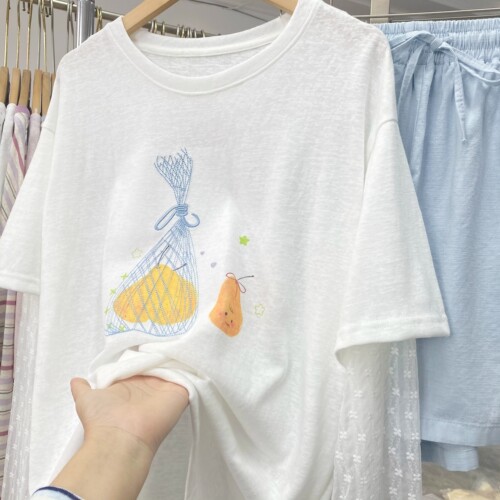 实拍韩代款东大门夏薄款麻感棉假两件蕾丝袖萌趣卡通宽松大版t恤