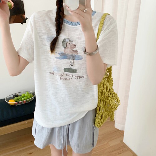 现货实拍！韩代款东大门夏moment竹节纯棉减龄卡通薄款短袖t恤女