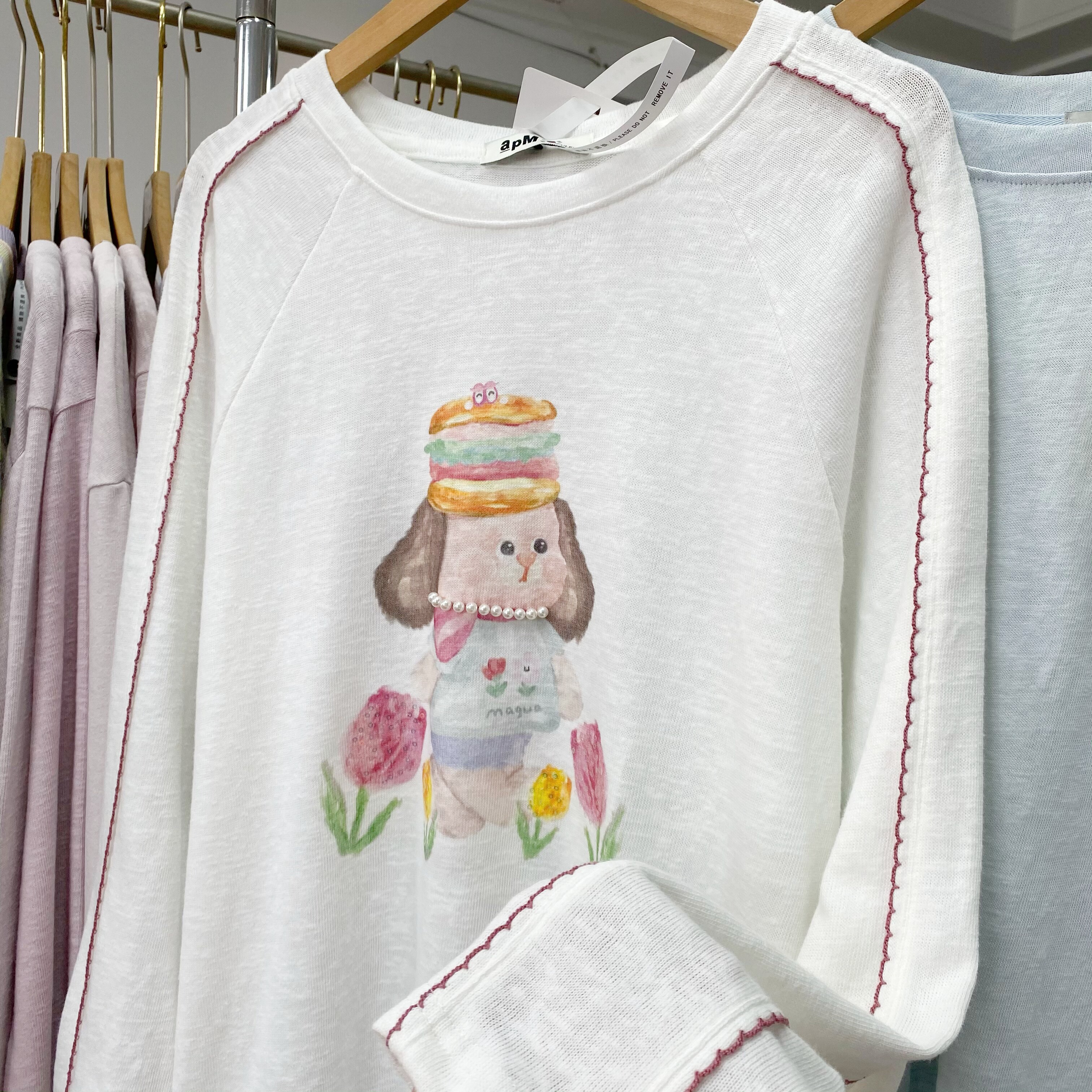 韩代款东大门正版春薄棉宽松花边插肩甜美小狗显瘦长袖打底T恤女