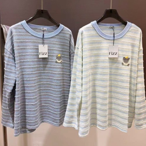 韩代款Fiz@东大门春韩系可爱钩织小象条纹宽松长袖打底T恤上衣女