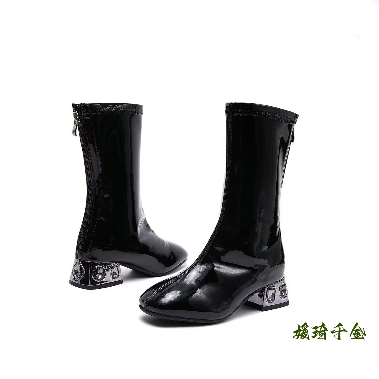 媛琦女童走秀专用高跟鞋不过膝弹力皮靴粗跟漆皮砖跟表演舞台鞋