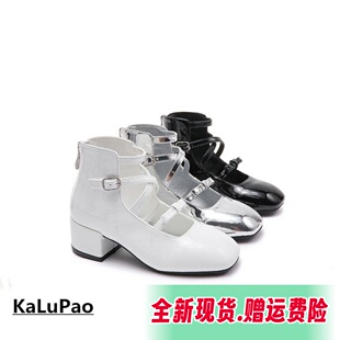 女童模特走秀高跟鞋粗跟高帮浅口潮流银白黑色漆皮公主表演短皮靴