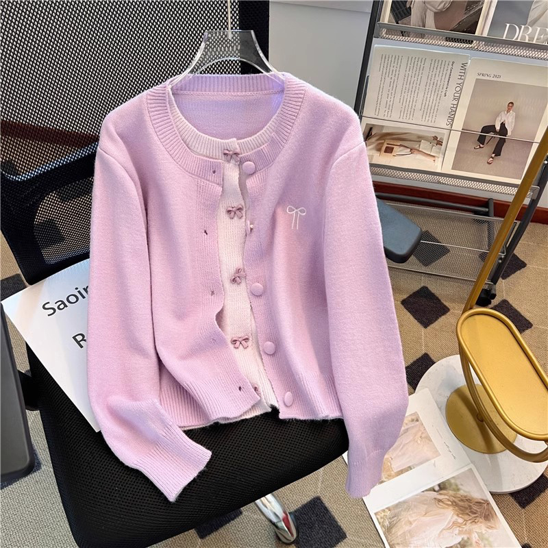 蝴蝶结紫色假两件针织开衫毛衣外套女春秋季2025新款别致绝美上衣