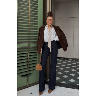 (小溪家)四面弹原牛色金扣牛仔裤高腰显瘦直筒休闲复古百搭垂感