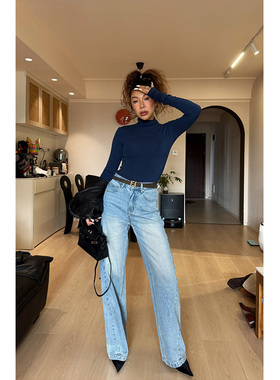 （小溪家）水洗蓝调高腰牛仔裤宽松显瘦弯刀牛仔裤子垂感休闲裤子