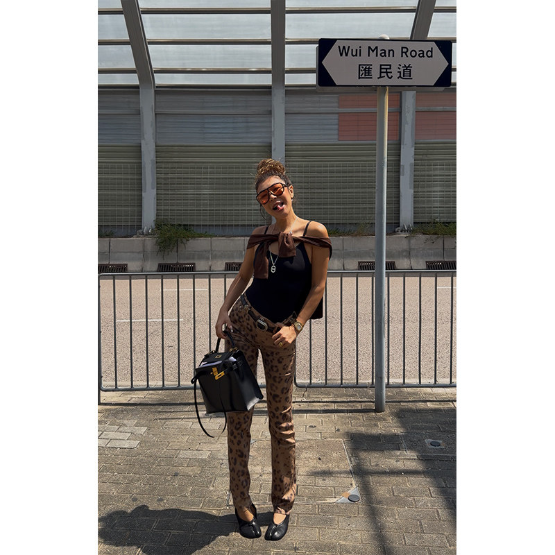 小溪家 时髦复古感豹纹裤子弹力高腰修身显瘦休闲欧美小众设计
