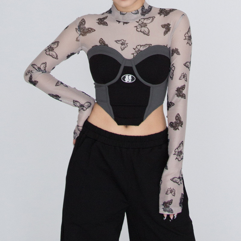 暴杂独立设计 银翼武姬系列 原创蝴蝶元素网纱拼接长袖上衣 胸衣