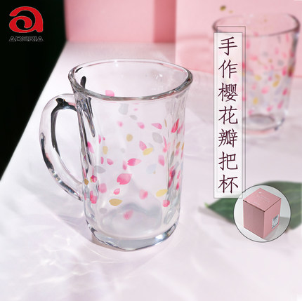 日本进口aderia津轻樱落玻璃杯樱花水杯饮料杯耐热茶杯带把牛奶杯