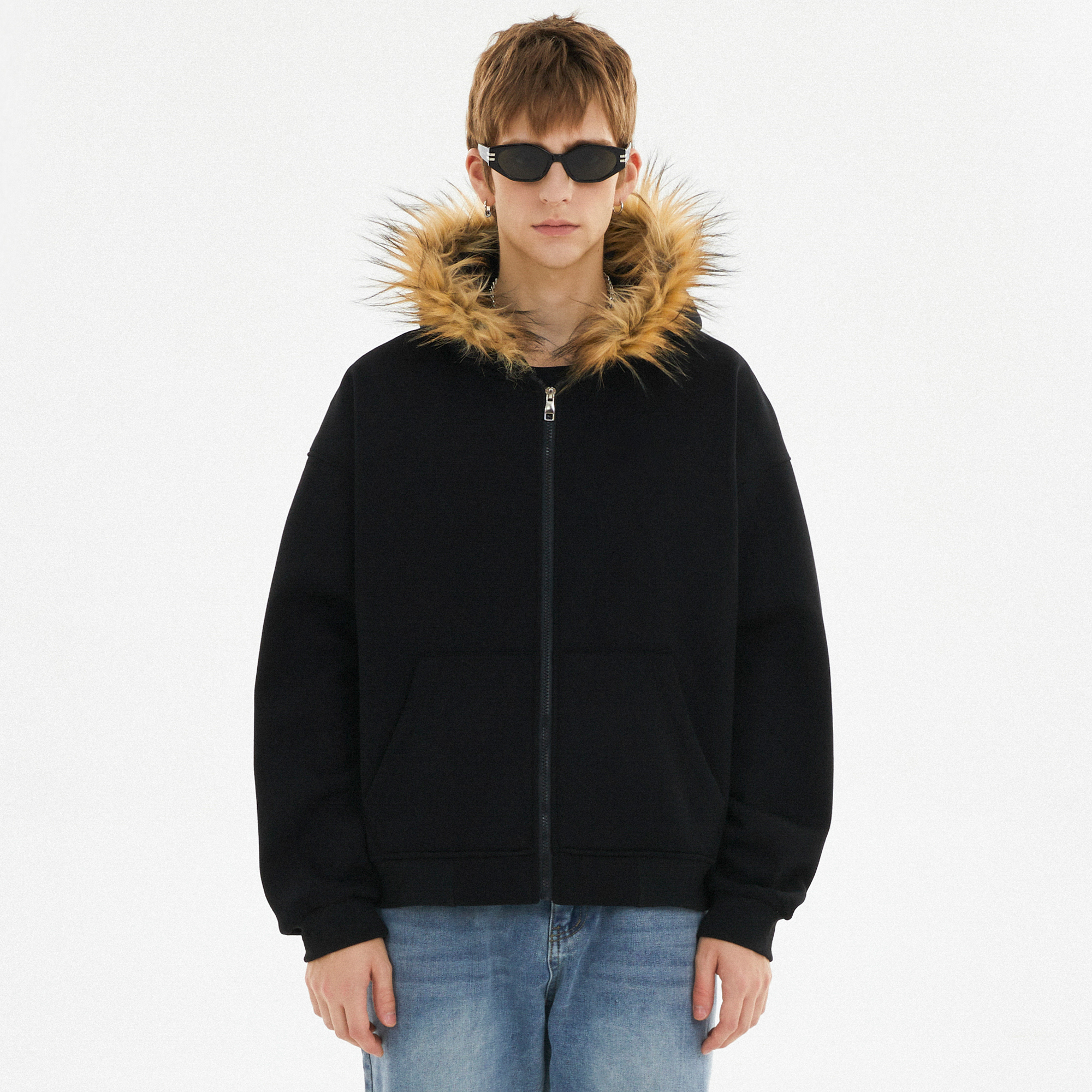 SRME基础毛领拉链开衫休闲宽松套头上衣派克服外套帽衫卫衣