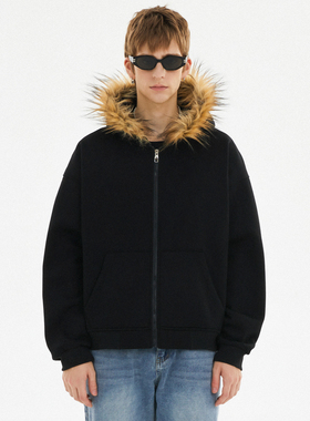 SRME基础毛领拉链开衫休闲宽松套头上衣派克服外套帽衫卫衣