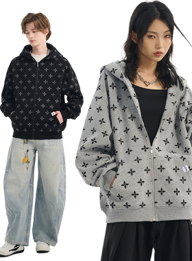 SRME满印十字架印花休闲宽松套头上衣拉链外套帽衫卫衣