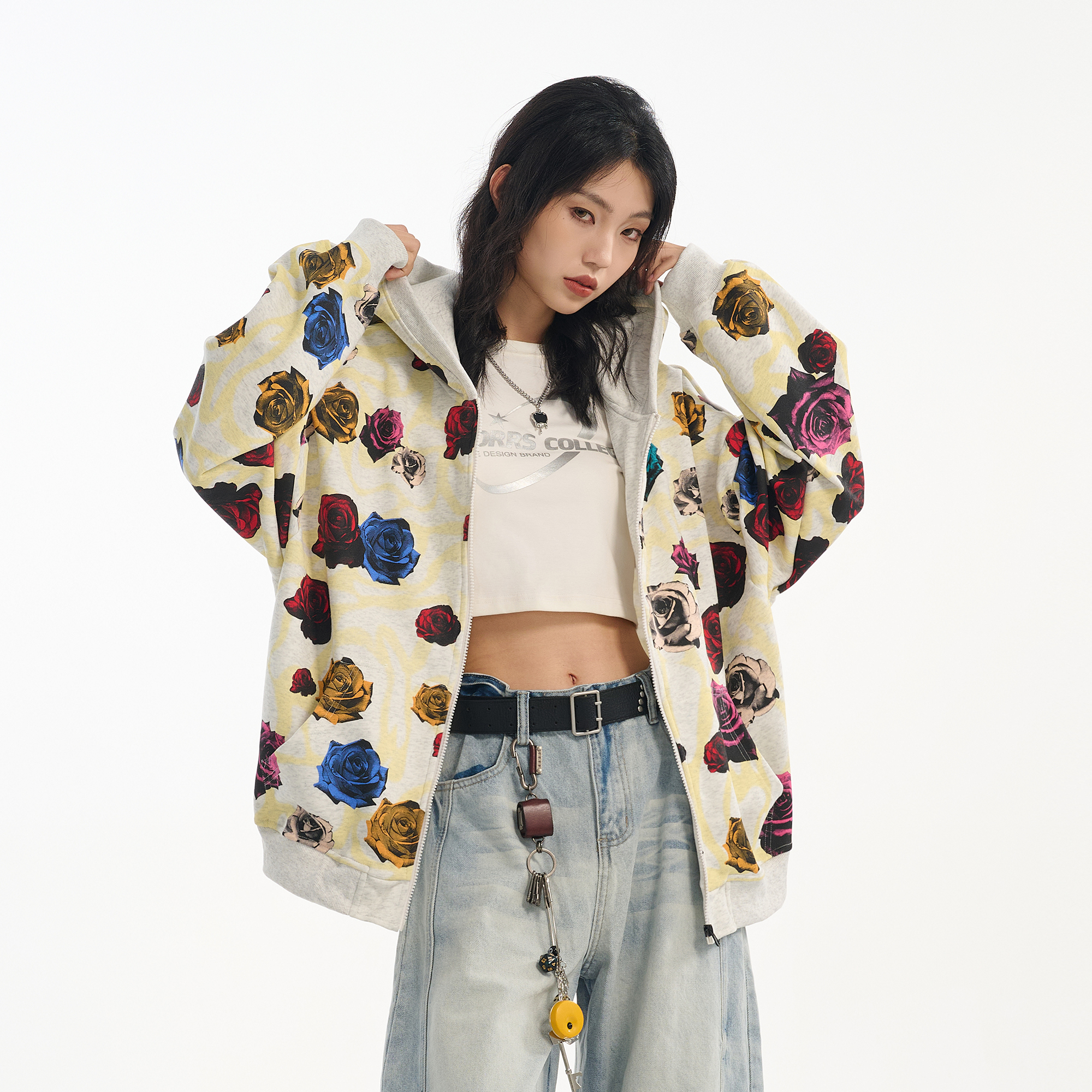 SRME满印玫瑰花休闲宽松套头花卉满印上衣拉链外套帽衫卫衣