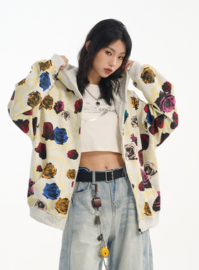 SRME满印玫瑰花休闲宽松套头花卉满印上衣拉链外套帽衫卫衣