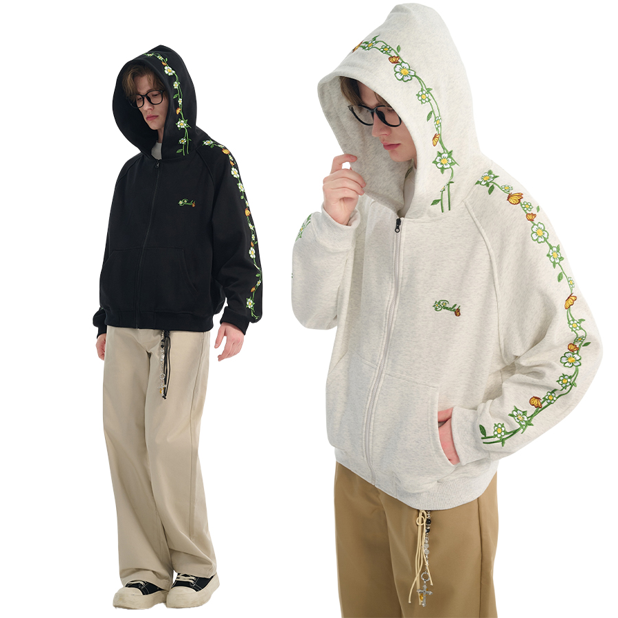 SRME串标藤蔓花卉刺绣肩连绣花休闲宽松套头上衣拉链外套帽衫卫衣