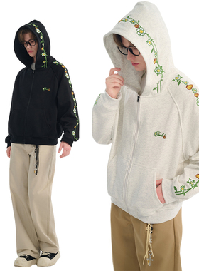 SRME串标藤蔓花卉刺绣肩连绣花休闲宽松套头上衣拉链外套帽衫卫衣