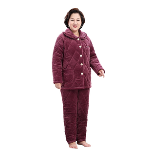 中老年人睡衣女冬季加厚绒三层夹棉珊瑚绒法兰绒套装妈妈家居服秋