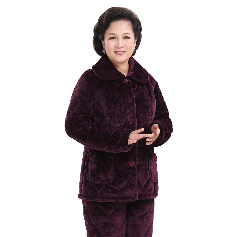 中老年人睡衣女冬季珊瑚绒大码家居服法兰绒三层夹棉加厚妈妈套装