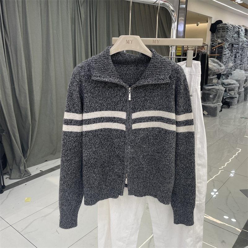 欧洲站88393加厚翻领长袖条纹双拉链花灰色保暖加厚针织外套女冬