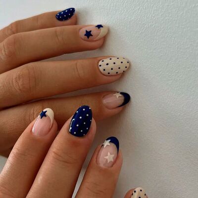 24pcs Oval Star Polka Dot Nail Stickers, Acrylic Material, P