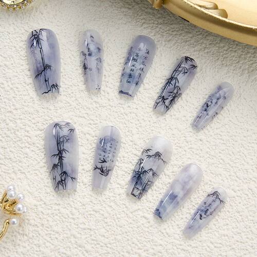 10Pcs Bamboo Chinese Style Fasle Nails Poetry Painting Desig
