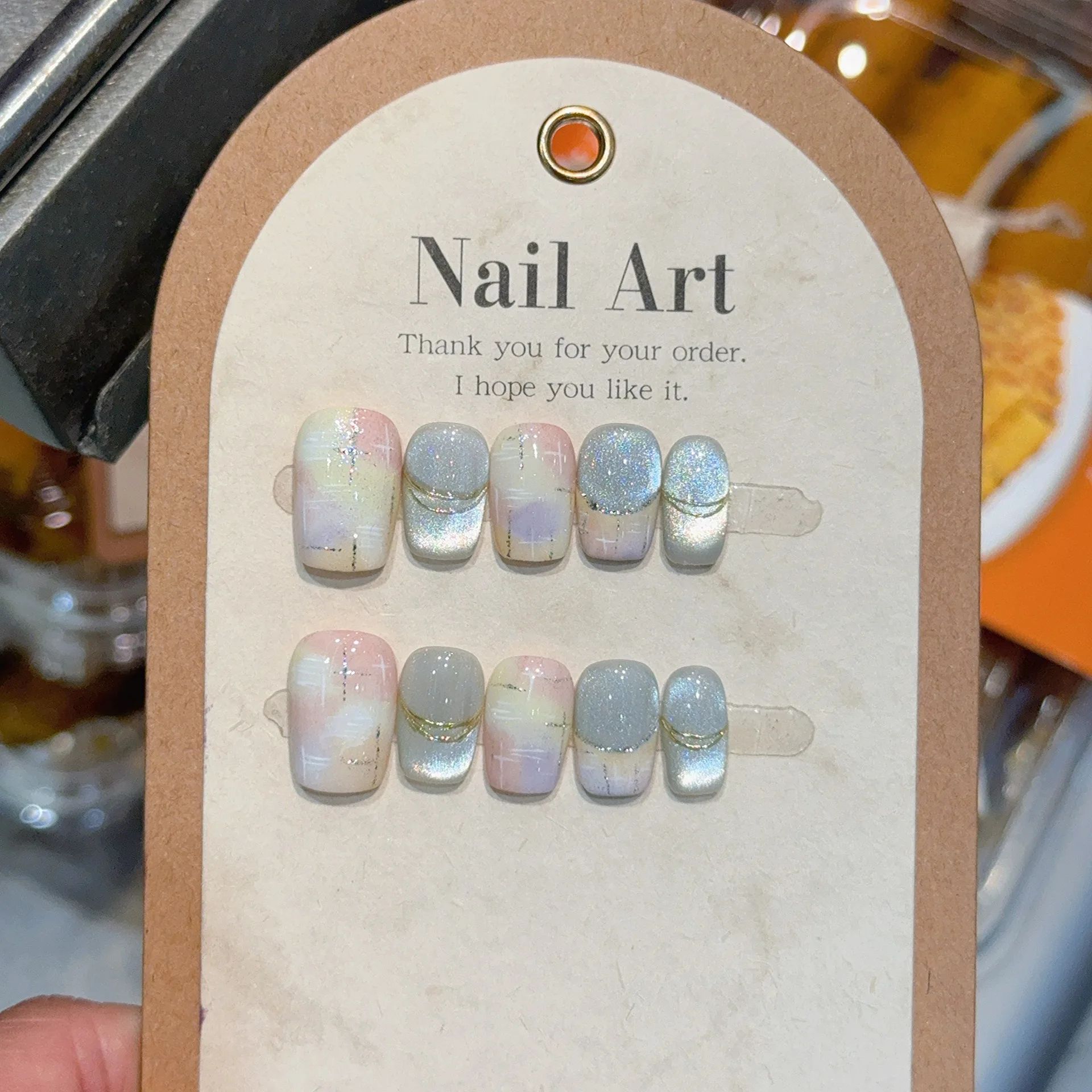 10Pcs French Handmade Press on Nails Blue Cat Eye Fake Nails