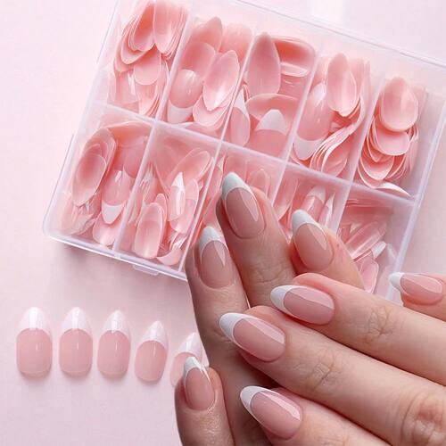 120/150/360pcs Almond Pink French Press on Nails Glossy Almo