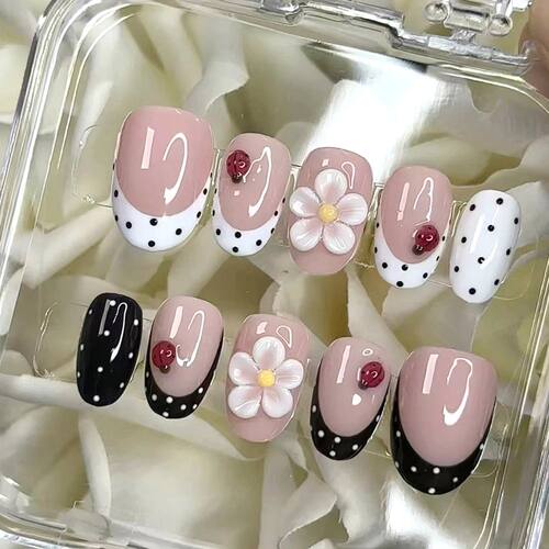 24Pcs/Set Short Oval 3D gel Flower Ladybug Polka point desig