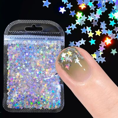 10g Laser Silver Star Nail Glitter Sequ 3D Holographic Stars