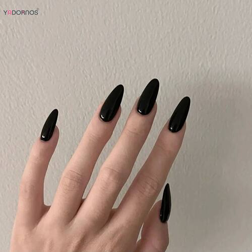 Almond Mid-length Black Fake Nail Solid Color Press on Nails